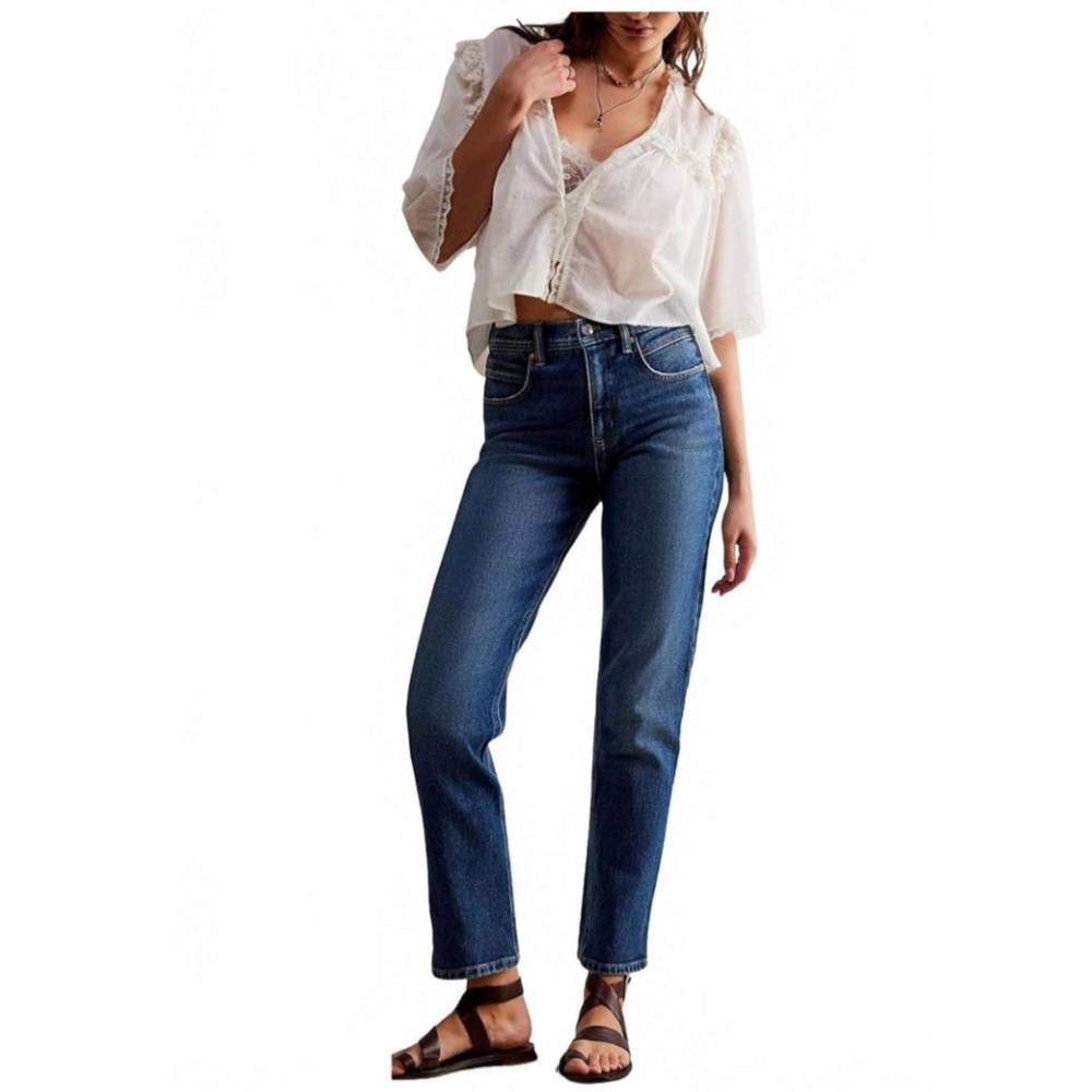NEW FREE PEOPLE leila high-rise leggy slim jeans in cupid blue 26 NWOT cotton